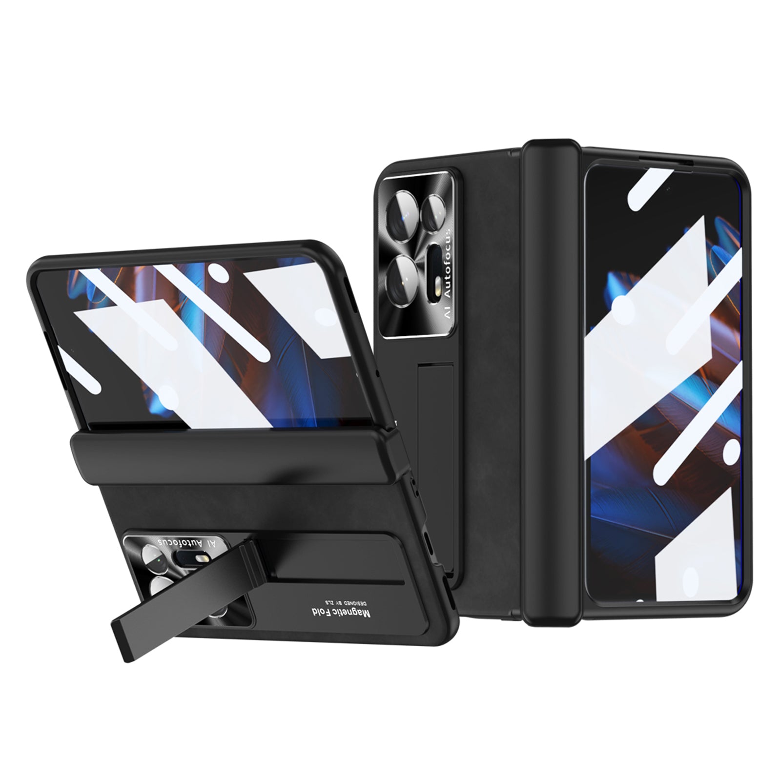 Anti-fall Phone Case For Oppo Find N2 5G Hinge Protection Kickstand Nappa Texture Phone Cover with Tempered Glass Film Anti-fall Phone Case For Oppo Find N2 5G Hinge Protection Kickstand Nappa Texture Phone Cover with Tempered Glass Film